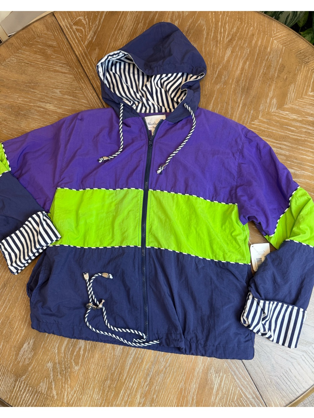 Westbound petites Colorblock Hooded Rain Jacket in Purple, Navy & Lime